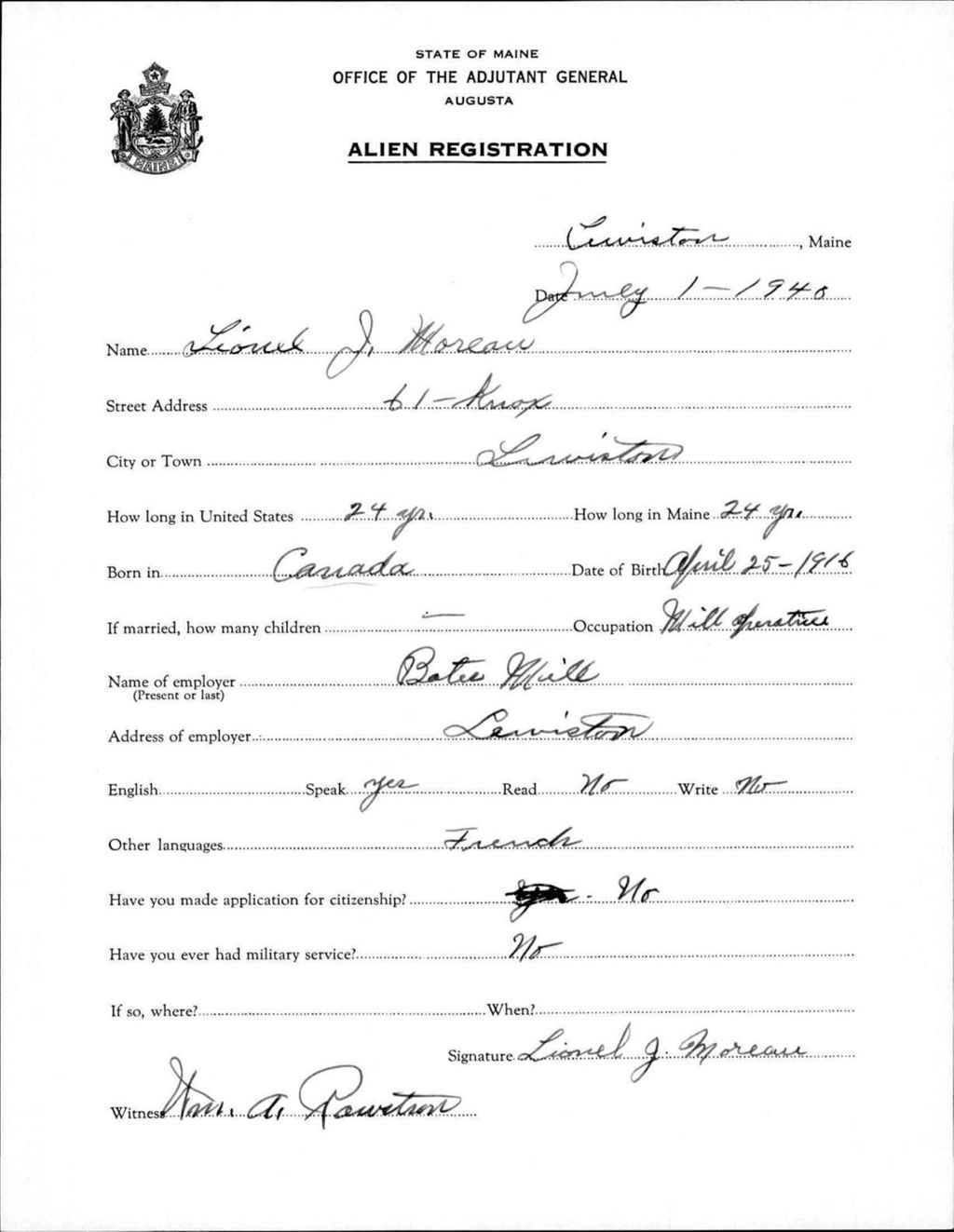 Miniature of Alien Registration- Moreau, Lionel J. (Lewiston, Androscoggin County)