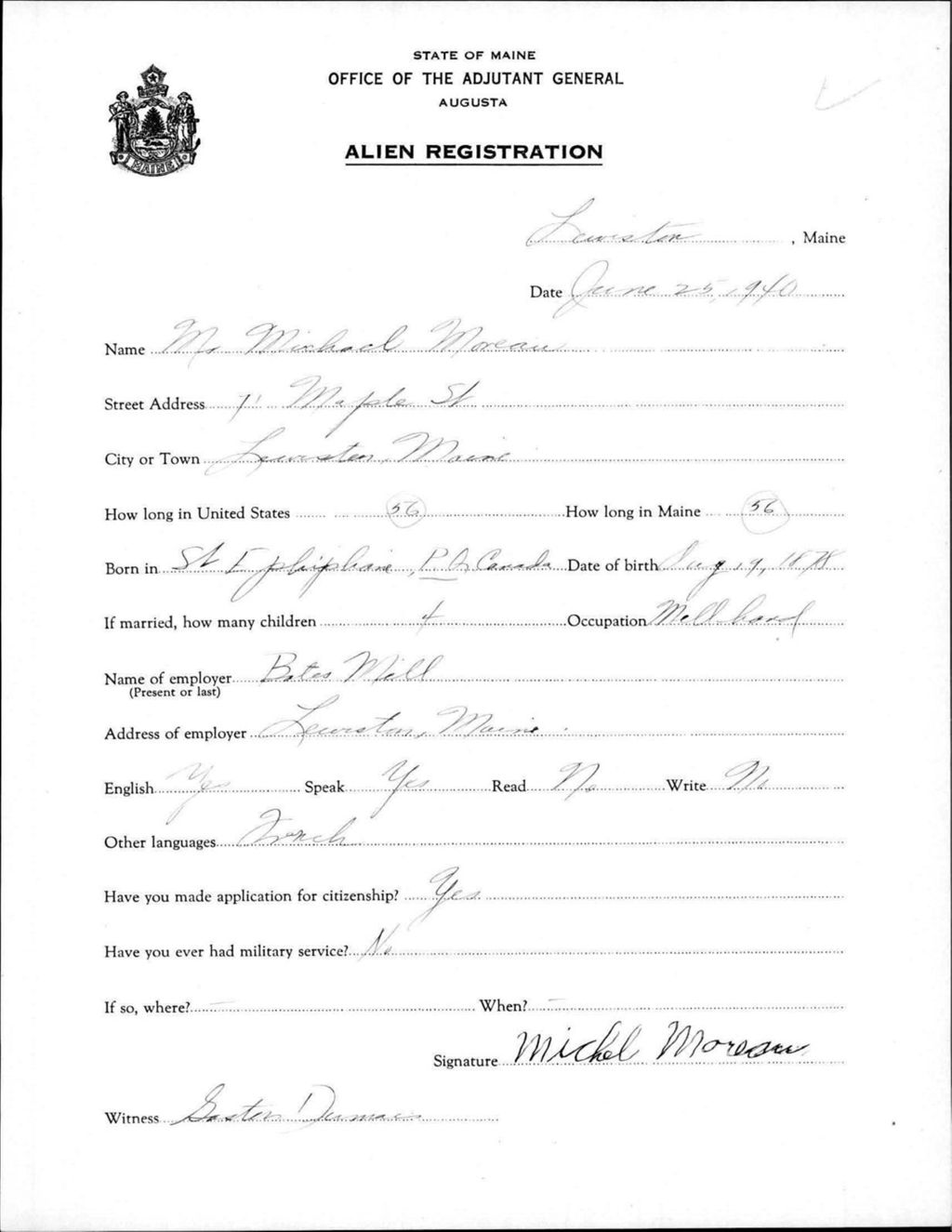 Miniature of Alien Registration- Moreau, Michael (Lewiston, Androscoggin County)