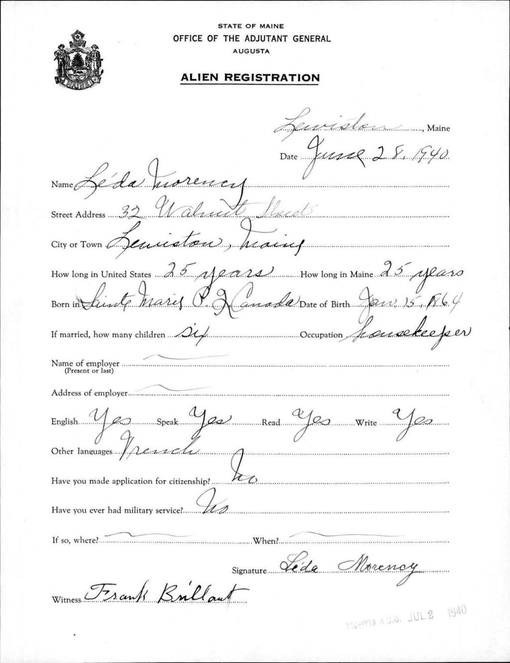 Miniature of Alien Registration- Morency, Leda (Lewiston, Androscoggin County)