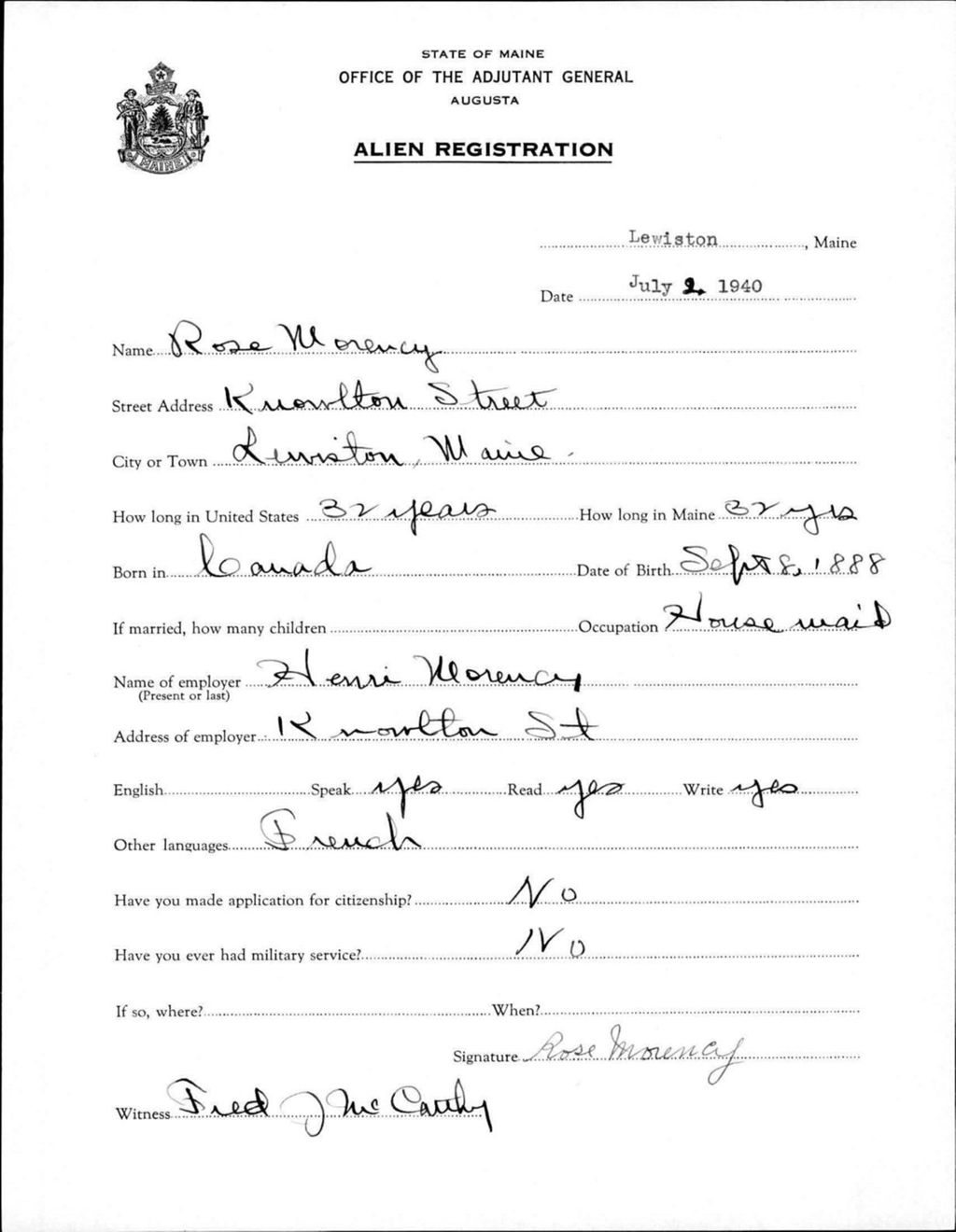 Miniature of Alien Registration- Morency, Rose (Lewiston, Androscoggin County)