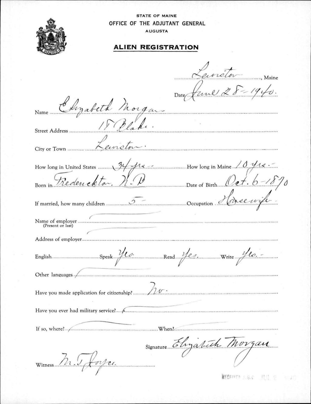 Miniature of Alien Registration- Morgan, Elizabeth (Lewiston, Androscoggin County)