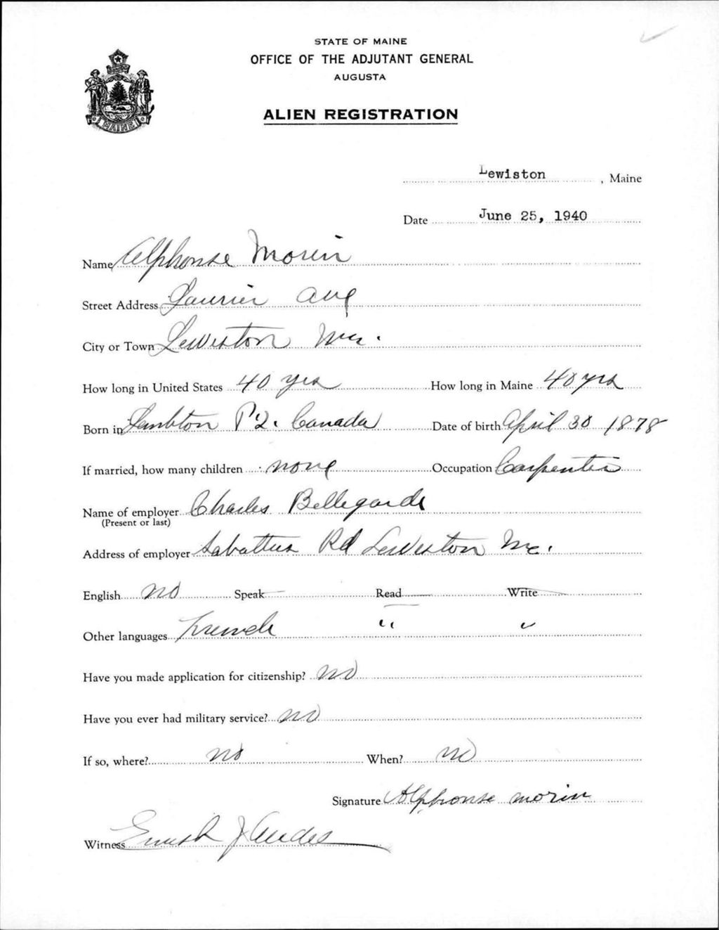 Miniature of Alien Registration- Morin, Alphonse (Lewiston, Androscoggin County)
