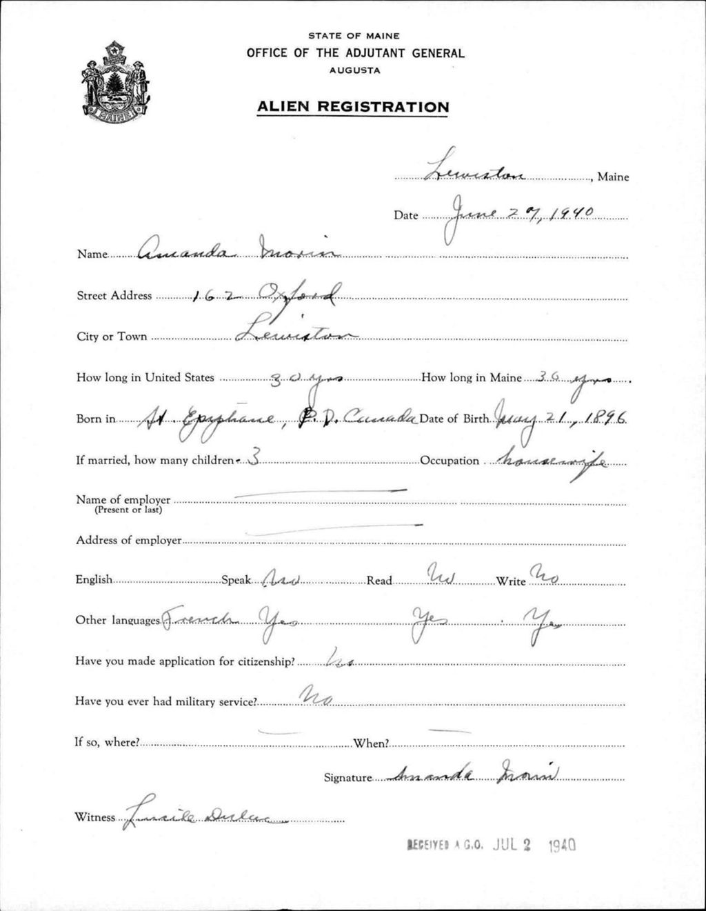 Miniature of Alien Registration- Morin, Amanda (Lewiston, Androscoggin County)