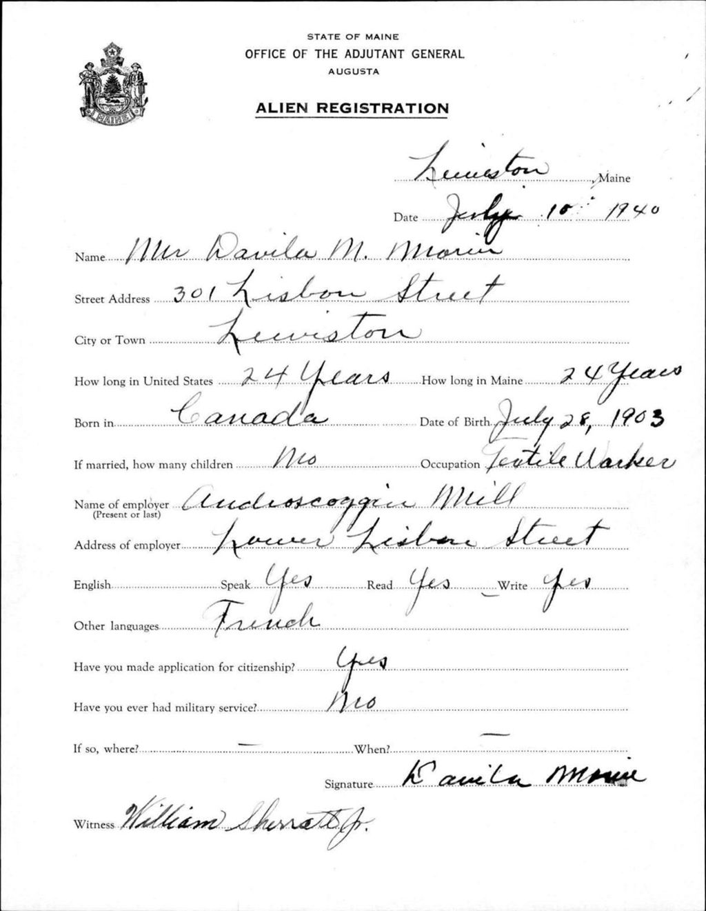 Miniature of Alien Registration- Morin, Davila M. (Lewiston, Androscoggin County)