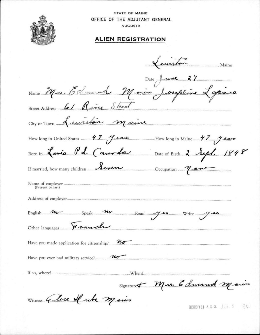 Miniature of Alien Registration- Lapiene, Josephine (Lewiston, Androscoggin County)
