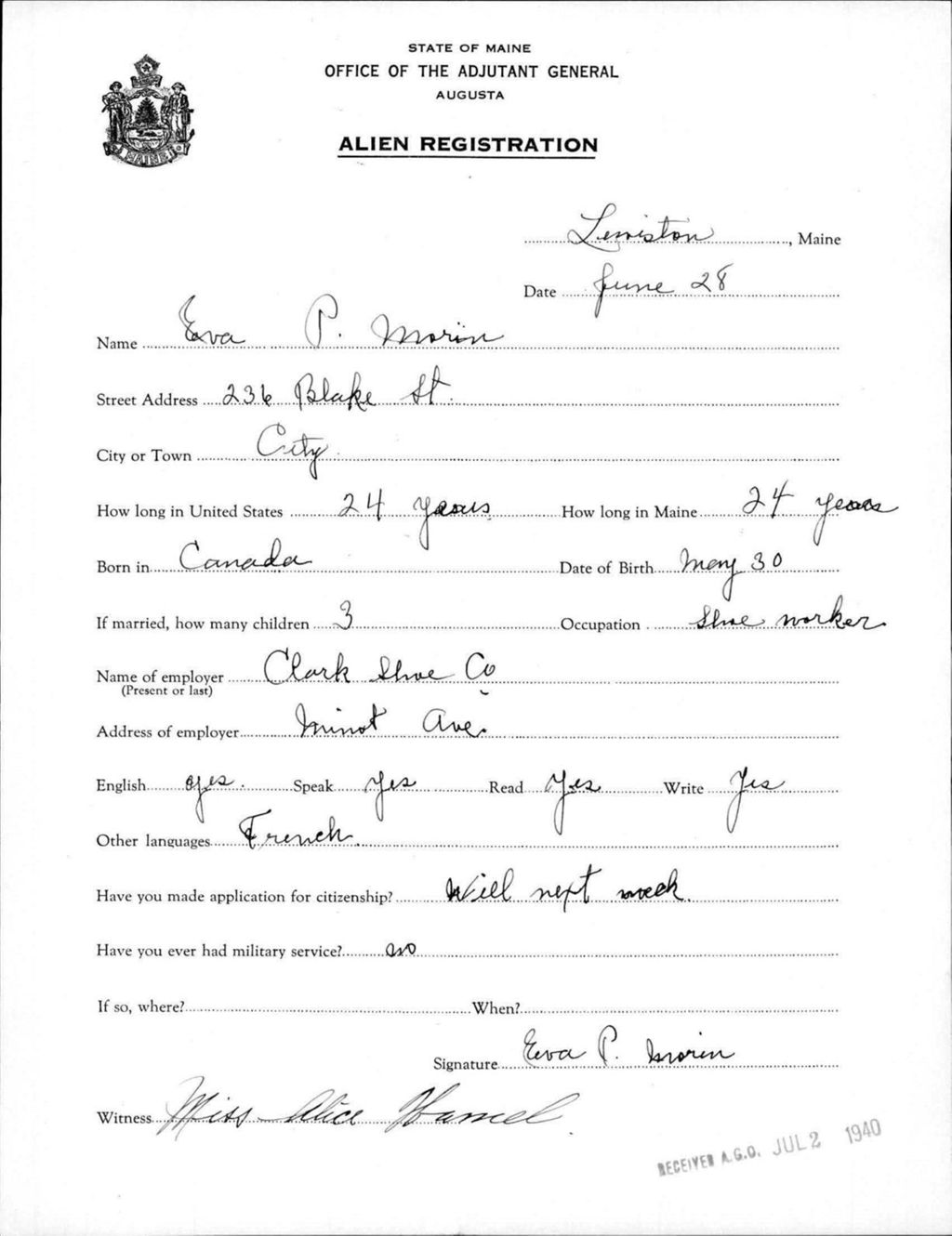 Miniature of Alien Registration- Morin, Eva P. (Lewiston, Androscoggin County)