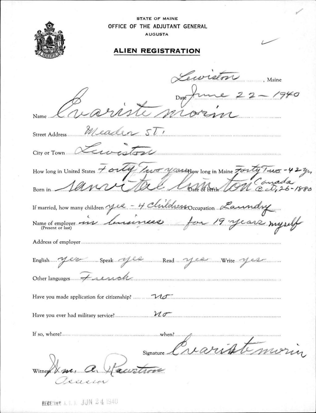 Miniature of Alien Registration- Morin, Evariste (Lewiston, Androscoggin County)