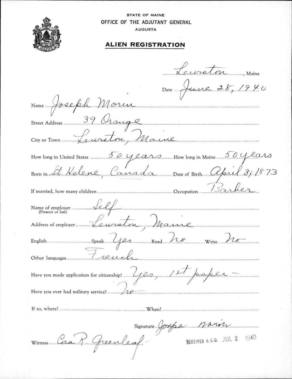 Miniature of Alien Registration- Morin, Joseph (Lewiston, Androscoggin County)