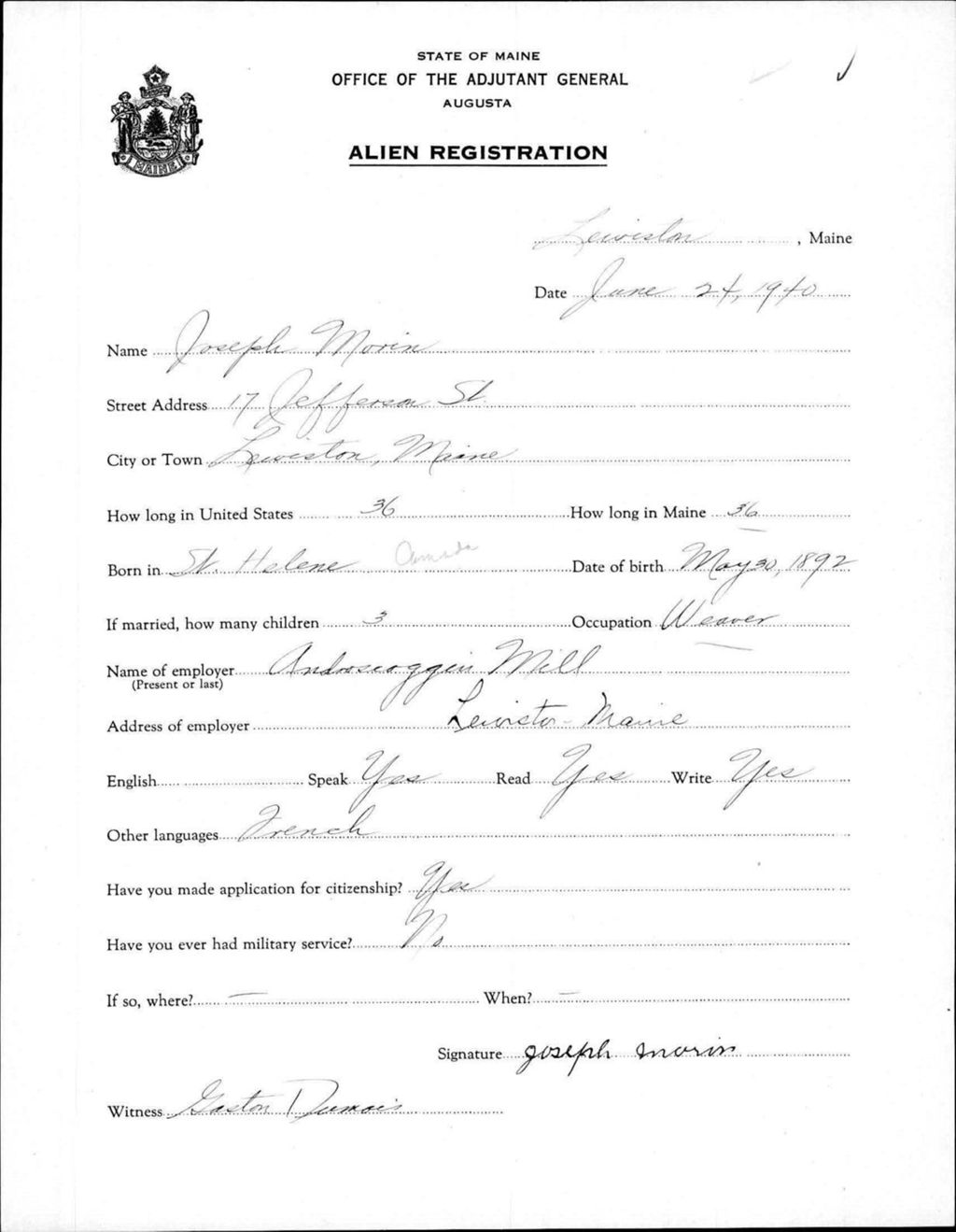 Miniature of Alien Registration- Morin, Joseph (Lewiston, Androscoggin County)