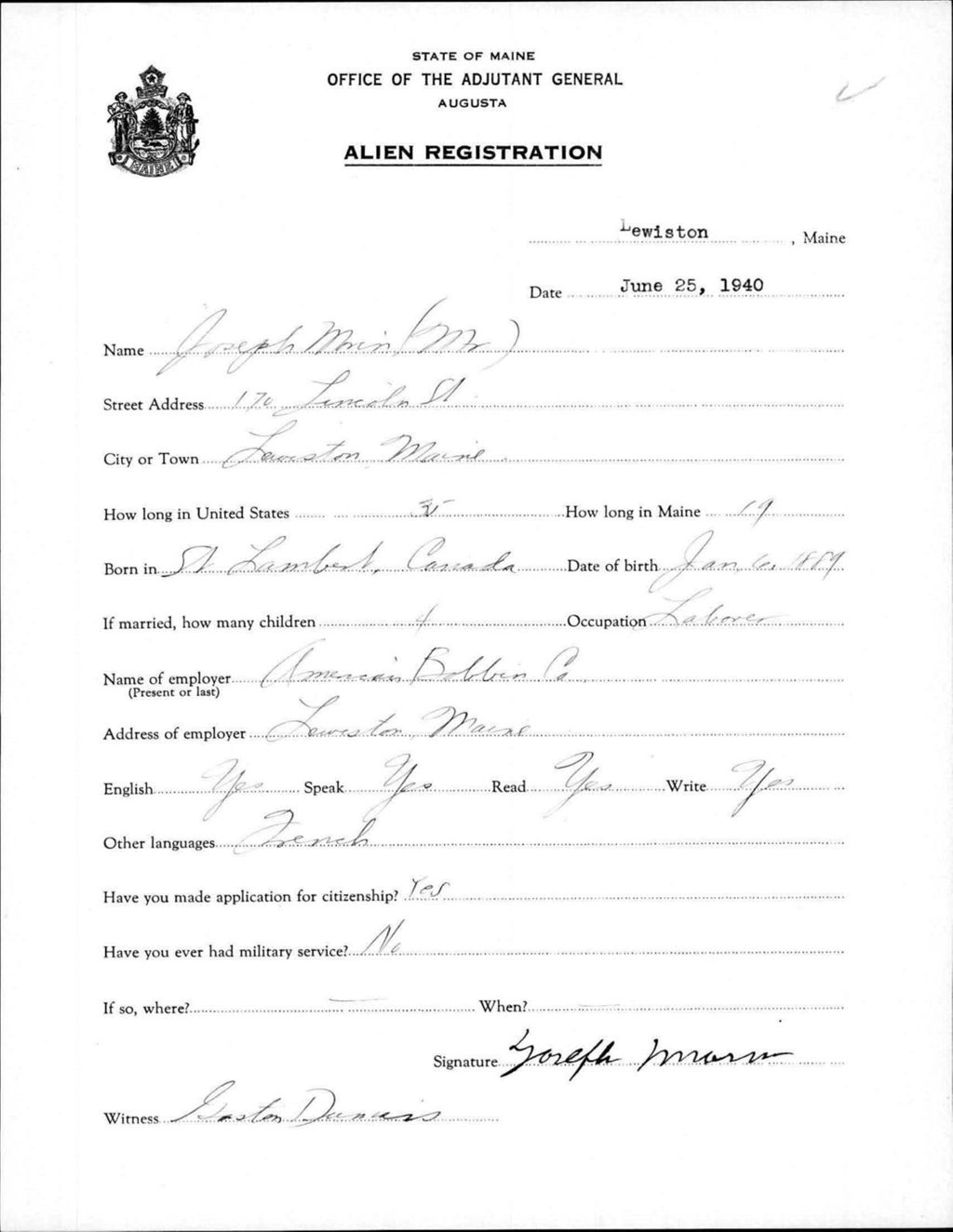 Miniature of Alien Registration- Morin, Joseph (Lewiston, Androscoggin County)