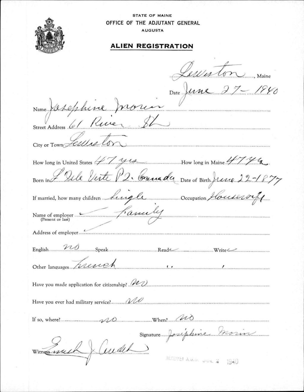 Miniature of Alien Registration- Morin, Josephine (Lewiston, Androscoggin County)