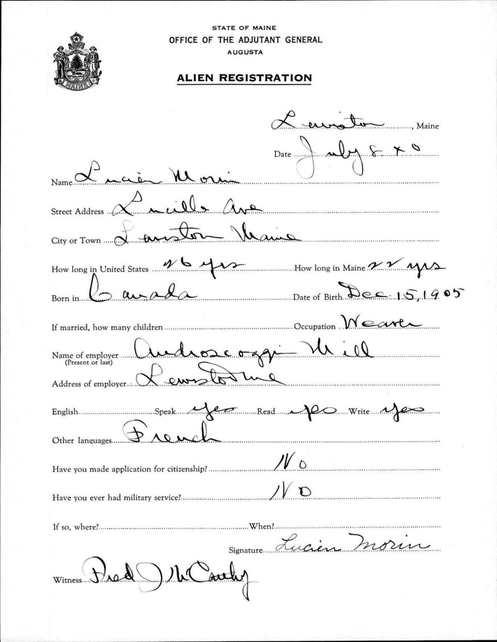 Miniature of Alien Registration- Morin, Lucien (Lewiston, Androscoggin County)