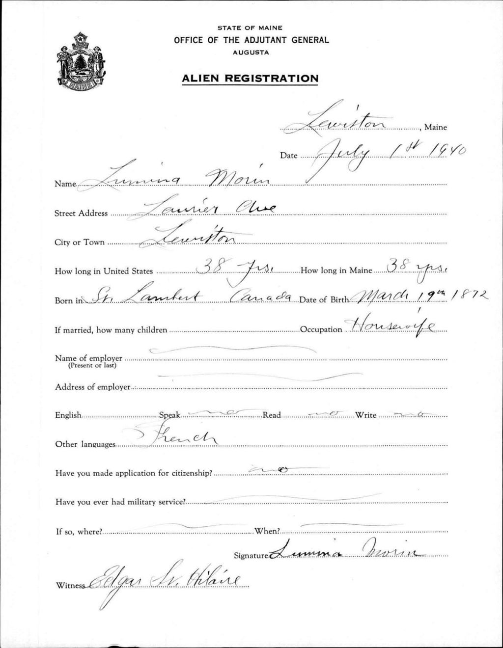 Miniature of Alien Registration- Morin, Lumina (Lewiston, Androscoggin County)