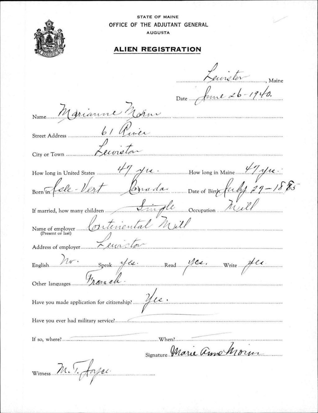 Miniature of Alien Registration- Morin, Marianne (Lewiston, Androscoggin County)