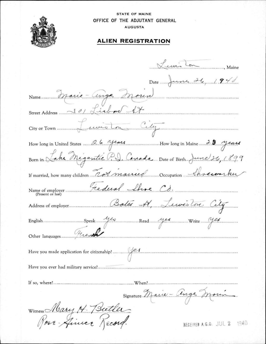 Miniature of Alien Registration- Morin, Marie-Ange (Lewiston, Androscoggin County)