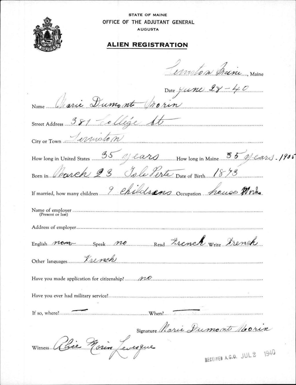 Miniature of Alien Registration- Dumont, Marie (Lewiston, Androscoggin County)