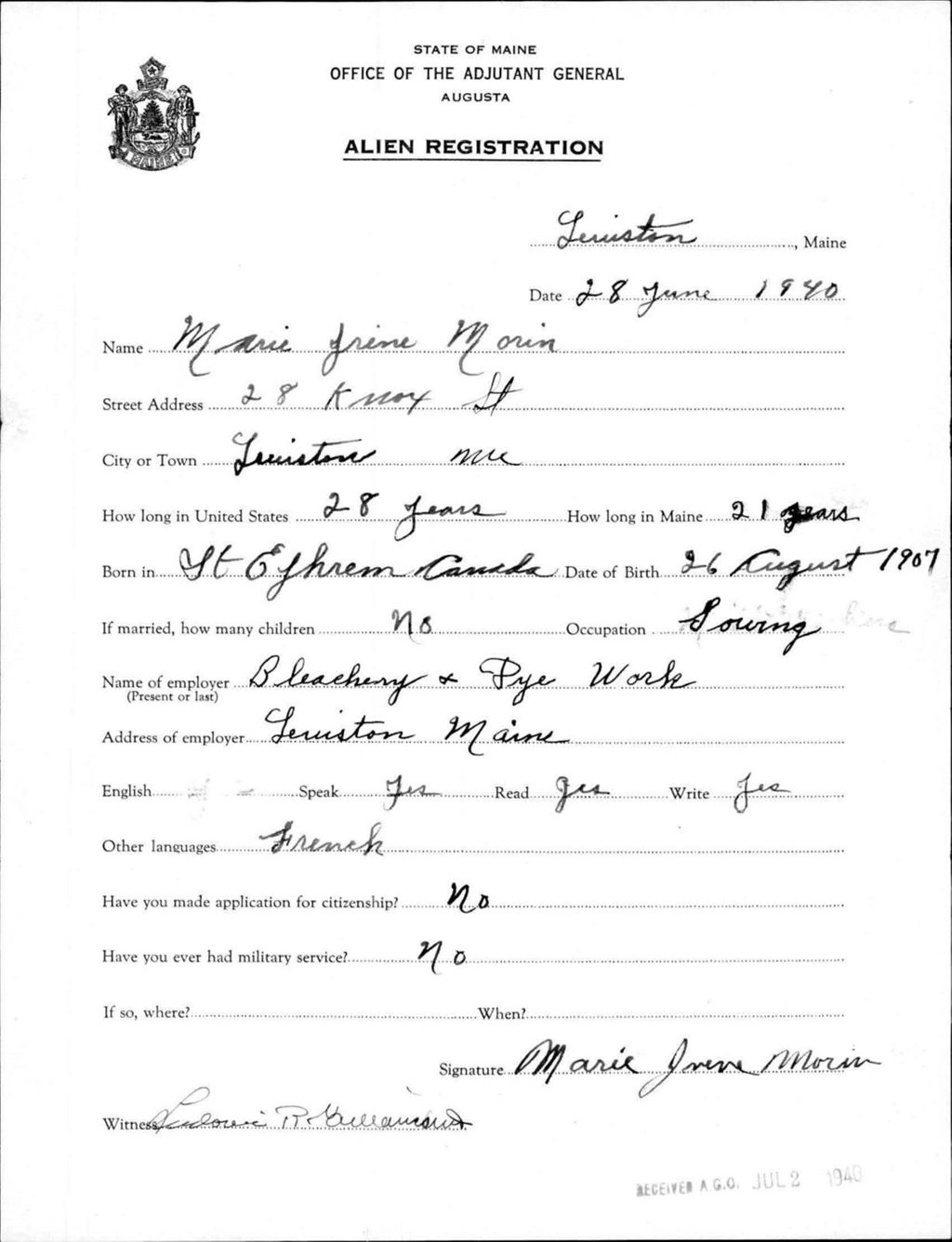 Miniature of Alien Registration- Morin, Marie J. (Lewiston, Androscoggin County)