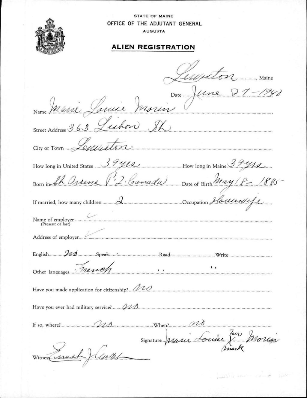 Miniature of Alien Registration- Morin, Marie L. (Lewiston, Androscoggin County)