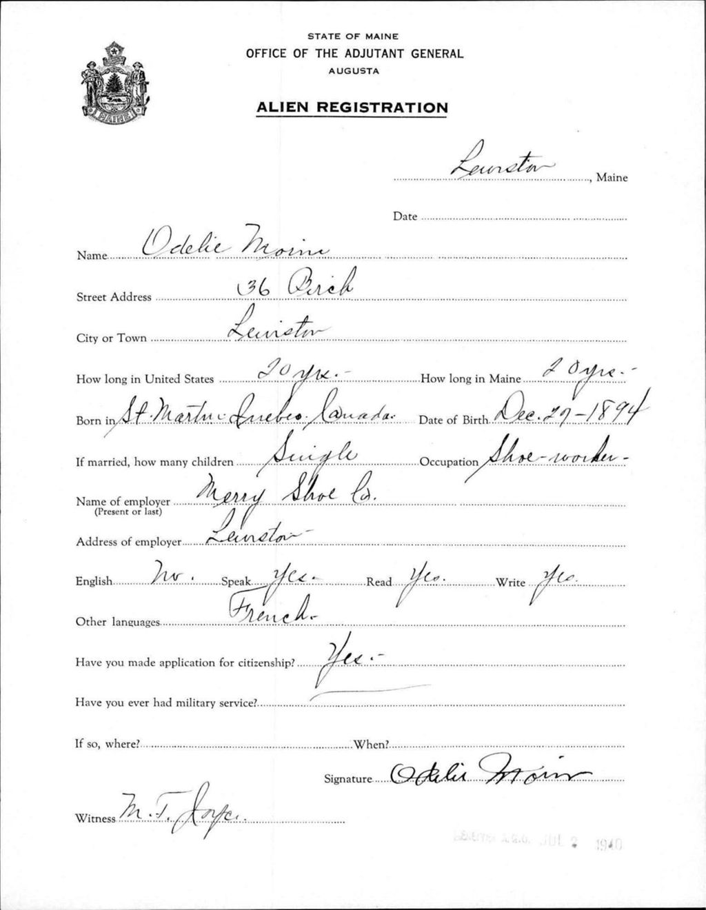 Miniature of Alien Registration- Morin, Odelie (Lewiston, Androscoggin County)