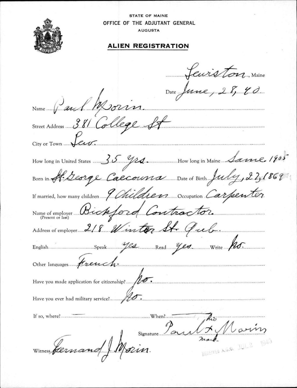 Miniature of Alien Registration- Morin, Paul (Lewiston, Androscoggin County)