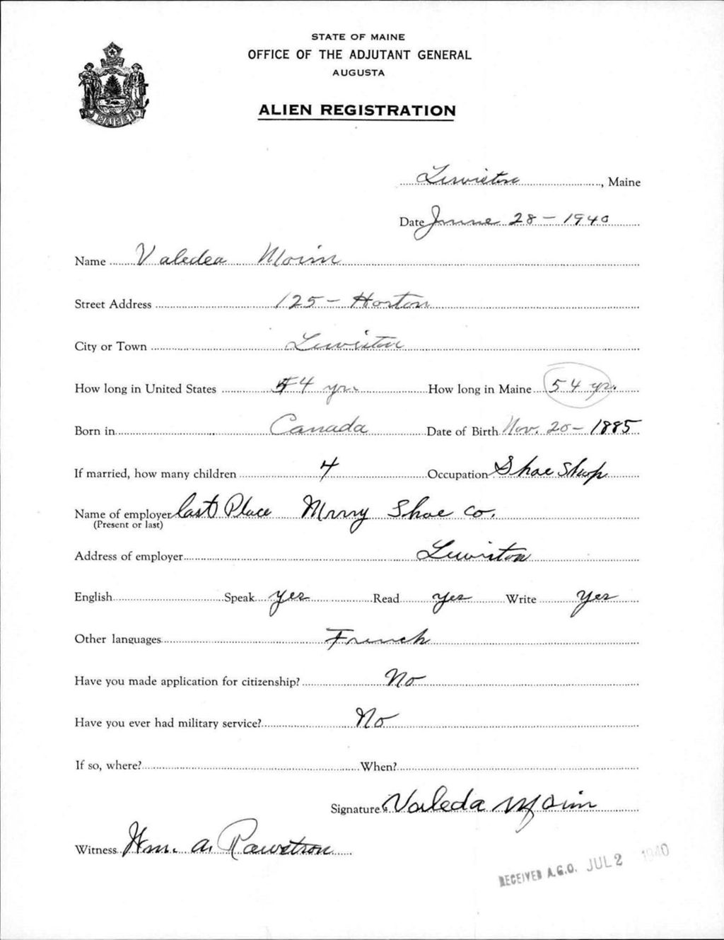 Miniature of Alien Registration- Morin, Valedea (Lewiston, Androscoggin County)
