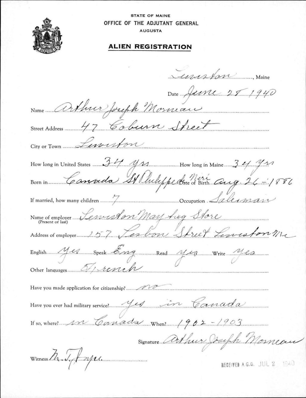 Miniature of Alien Registration- Morneau, Arthur J. (Lewiston, Androscoggin County)