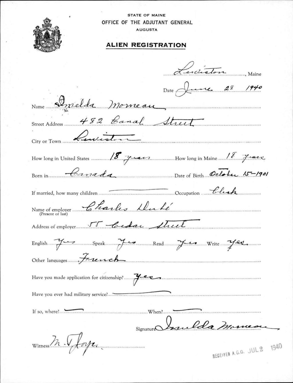 Miniature of Alien Registration- Morneau, Imelda (Lewiston, Androscoggin County)