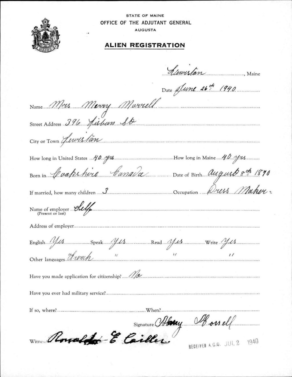 Miniature of Alien Registration- Morrell, Merry (Lewiston, Androscoggin County)