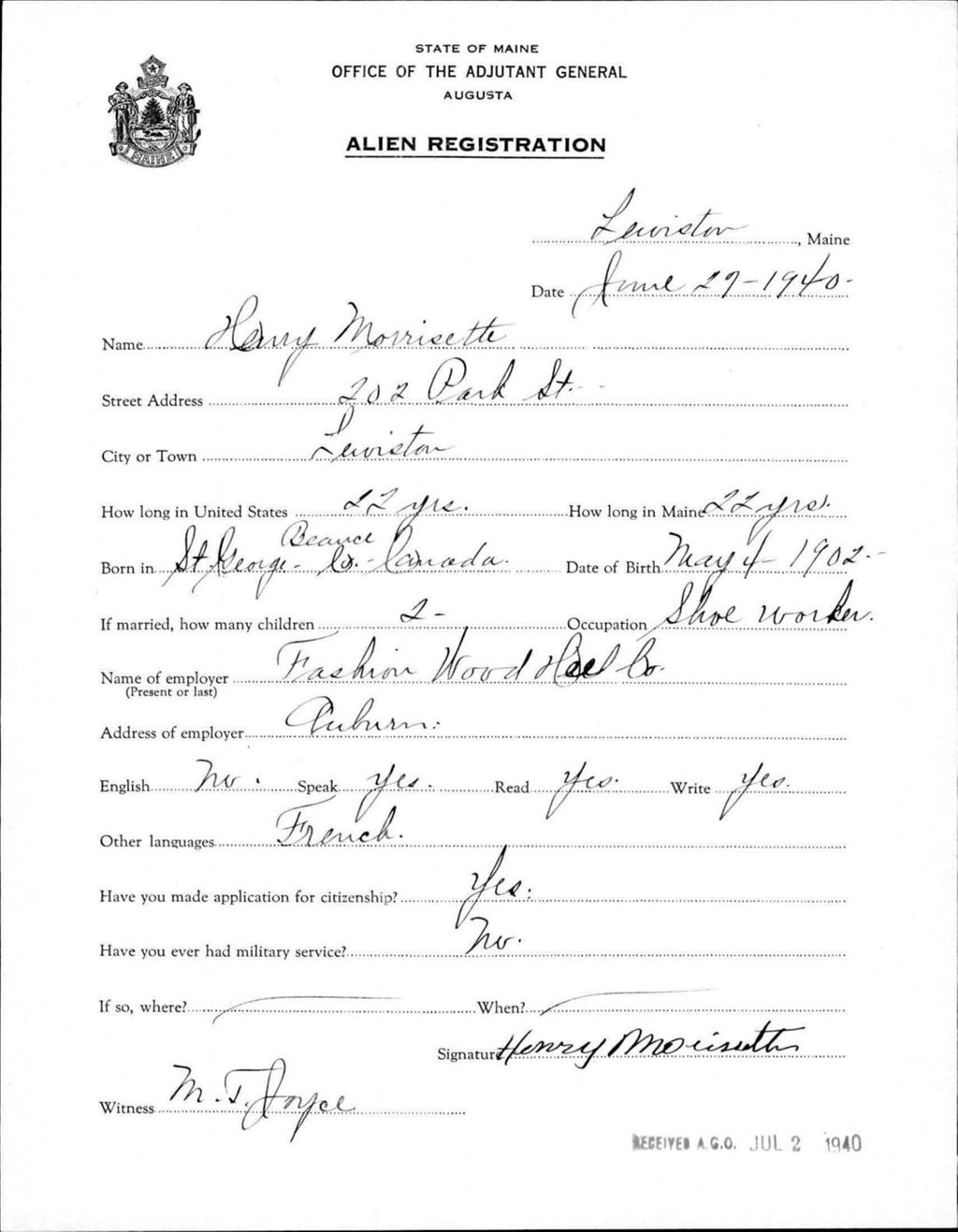 Miniature of Alien Registration- Morrisette, Henry (Lewiston, Androscoggin County)