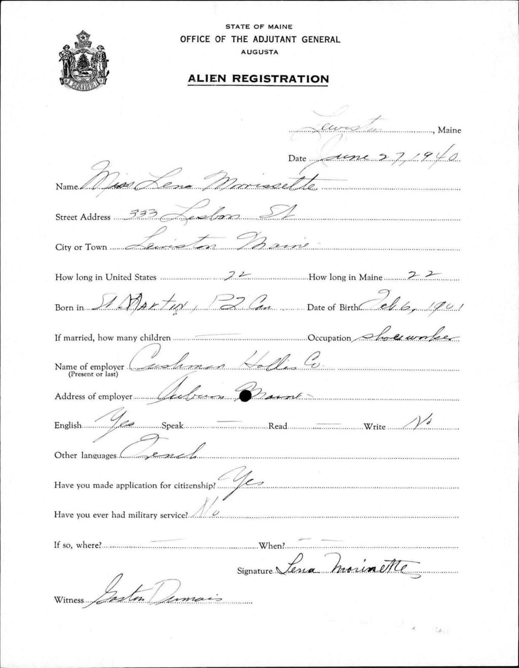 Miniature of Alien Registration- Morrissette, Lena (Lewiston, Androscoggin County)