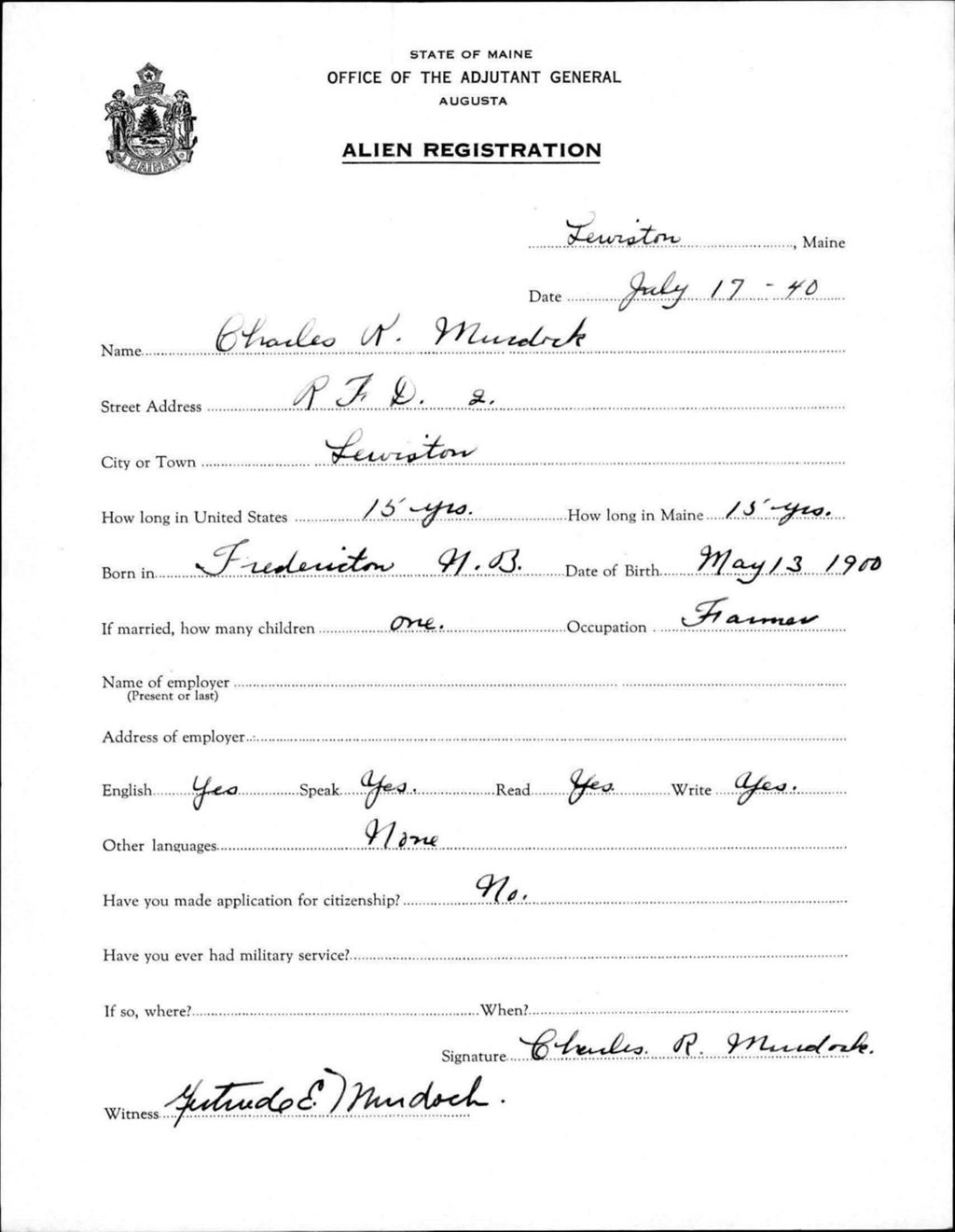 Miniature of Alien Registration- Murdock, Charles R. (Lewiston, Androscoggin County)