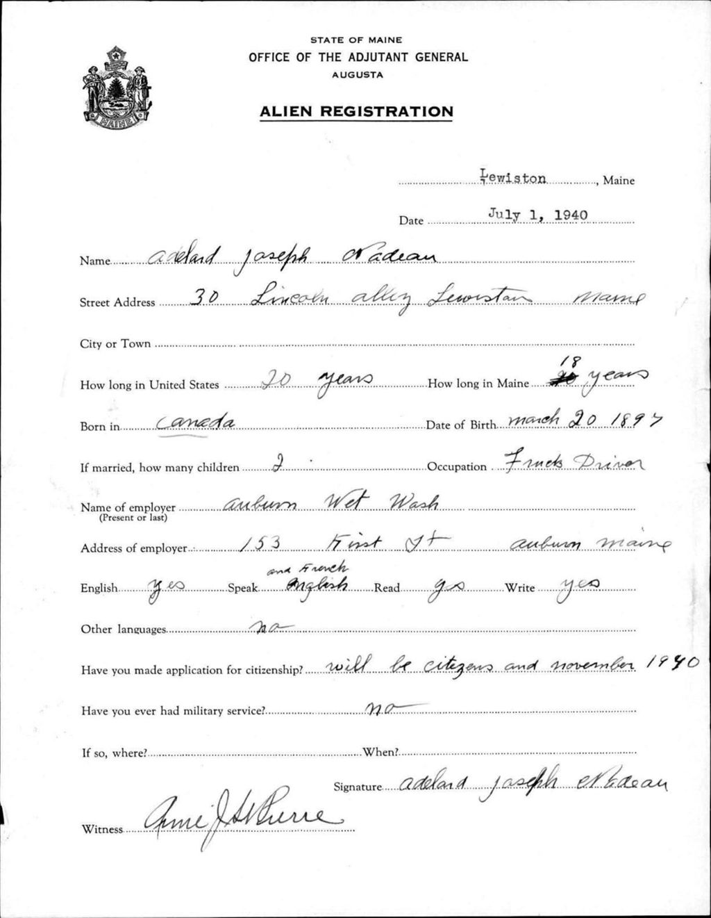 Miniature of Alien Registration- Nadeau, Adelard J. (Lewiston, Androscoggin County)
