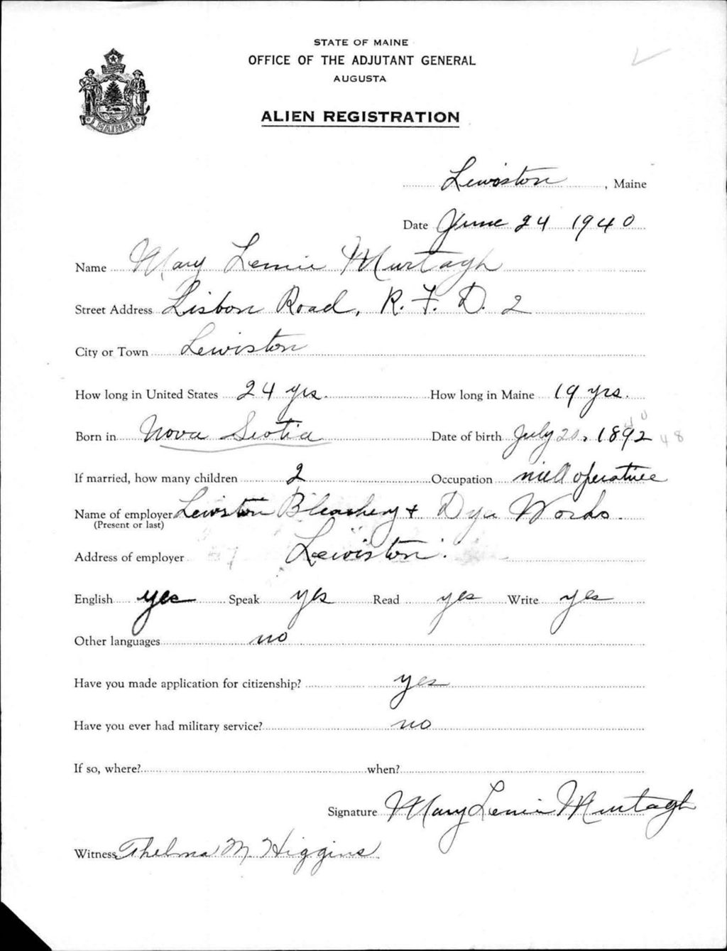 Miniature of Alien Registration- Murtagh, Mary L. (Lewiston, Androscoggin County)