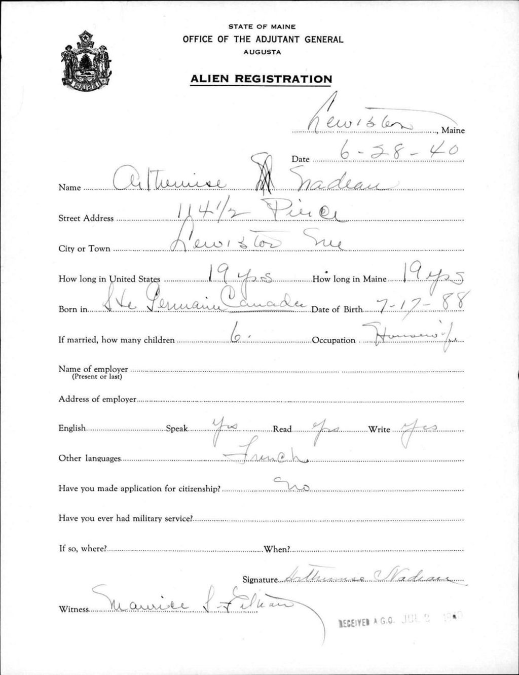 Miniature of Alien Registration- Nadeau, Arthurise (Lewiston, Androscoggin County)