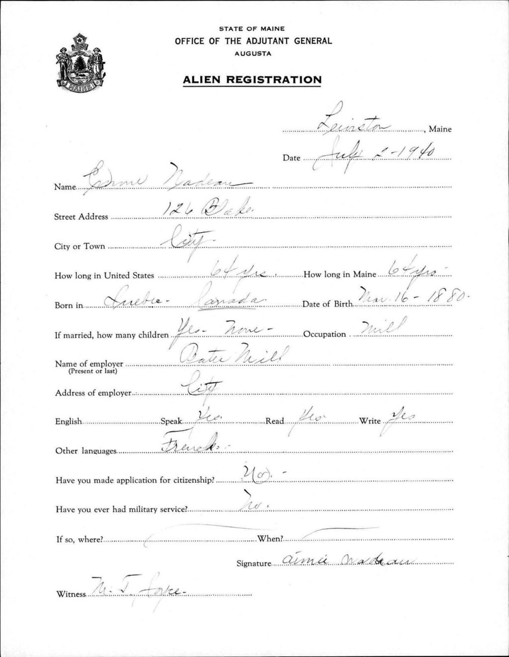 Miniature of Alien Registration- Nadeau, Aimee (Lewiston, Androscoggin County)