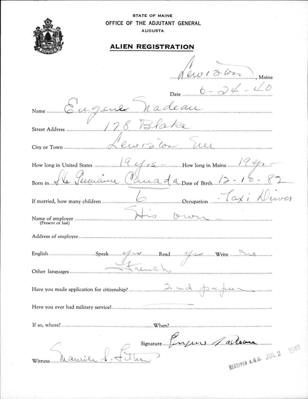 Miniature of Alien Registration- Nadeau, Eugenie (Lewiston, Androscoggin County)