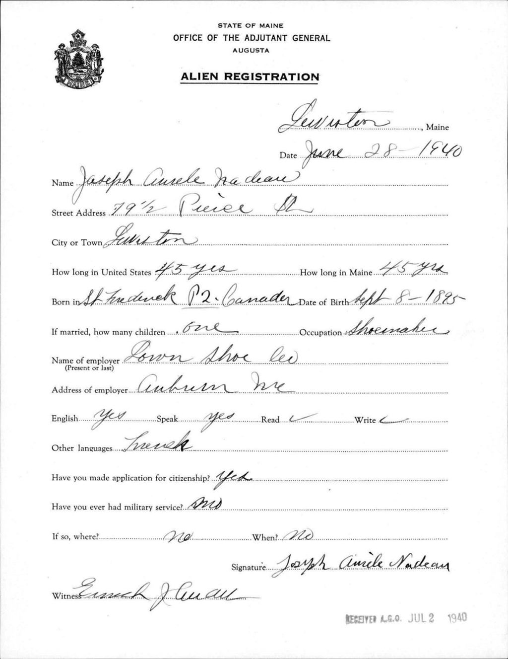Miniature of Alien Registration- Nadeau, Joseph A. (Lewiston, Androscoggin County)