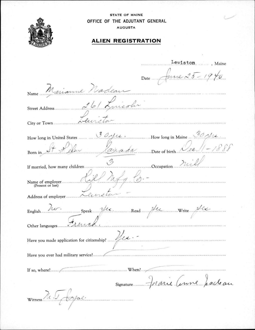 Miniature of Alien Registration- Nadeau, Marianne (Lewiston, Androscoggin County)