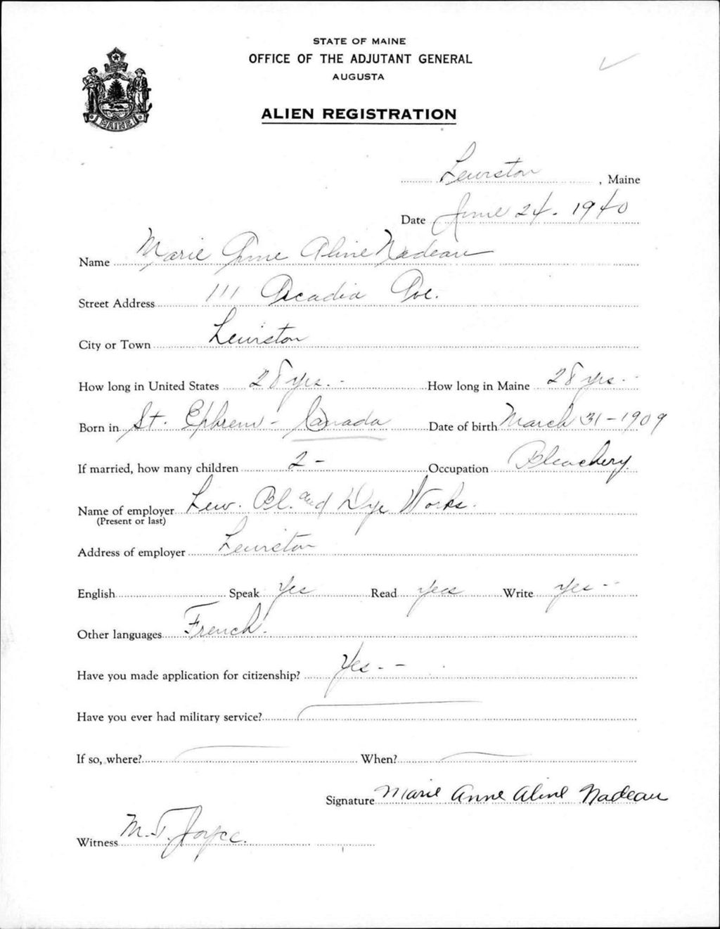 Miniature of Alien Registration- Nadeau, Marie Anne A. (Lewiston, Androscoggin County)