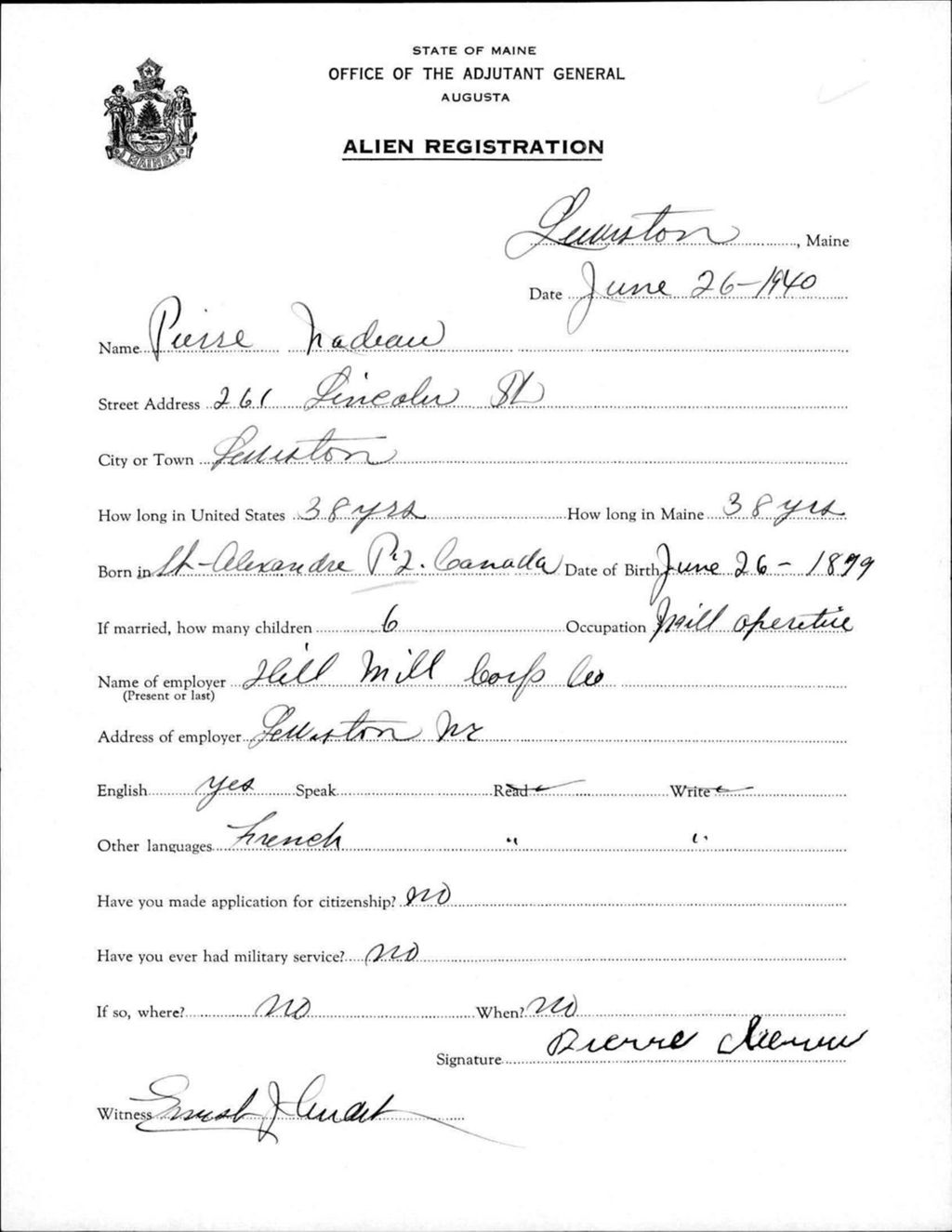 Miniature of Alien Registration- Nadeau, Pierre (Lewiston, Androscoggin County)
