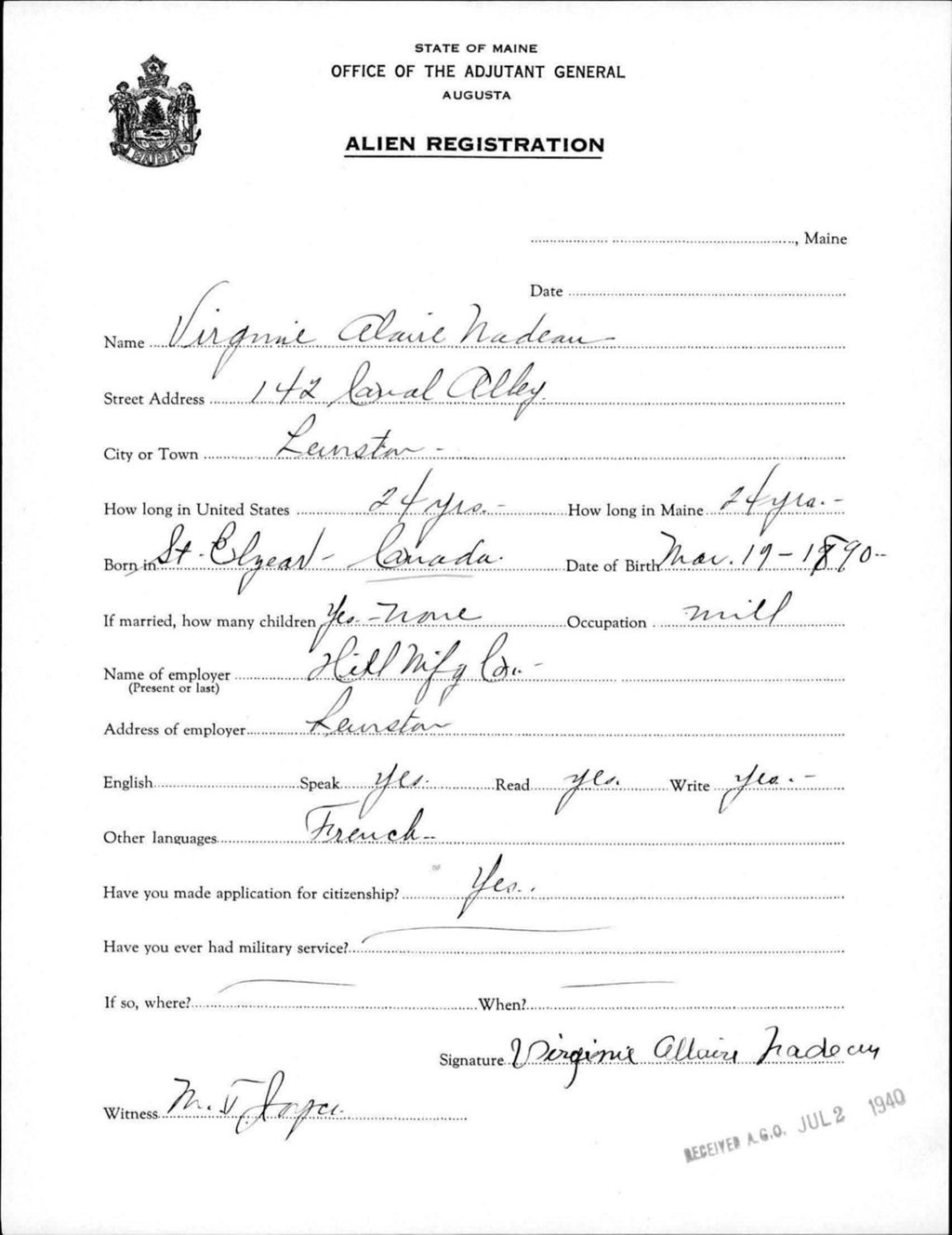 Miniature of Alien Registration- Allaire, Virginie (Lewiston, Androscoggin County)