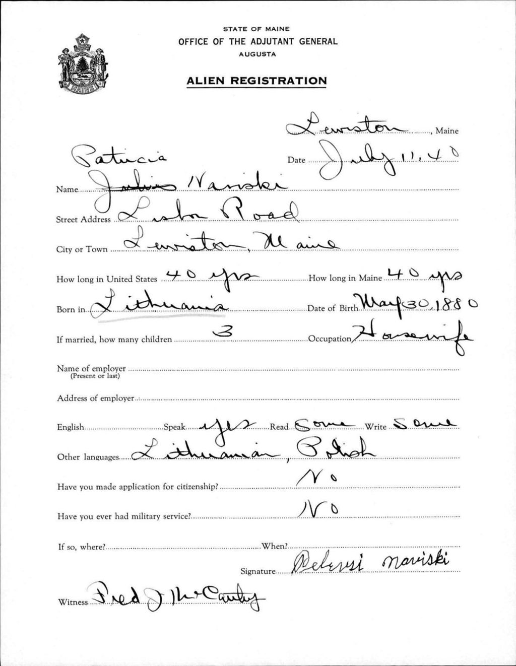 Miniature of Alien Registration- Nauiski, Patricia (Lewiston, Androscoggin County)