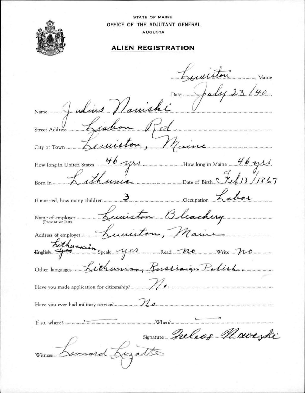 Miniature of Alien Registration- Nauiski, Julius (Lewiston, Androscoggin County)
