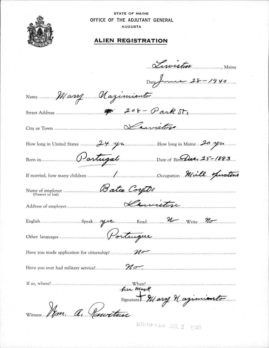 Miniature of Alien Registration- Nazimiento, Mary (Lewiston, Androscoggin County)