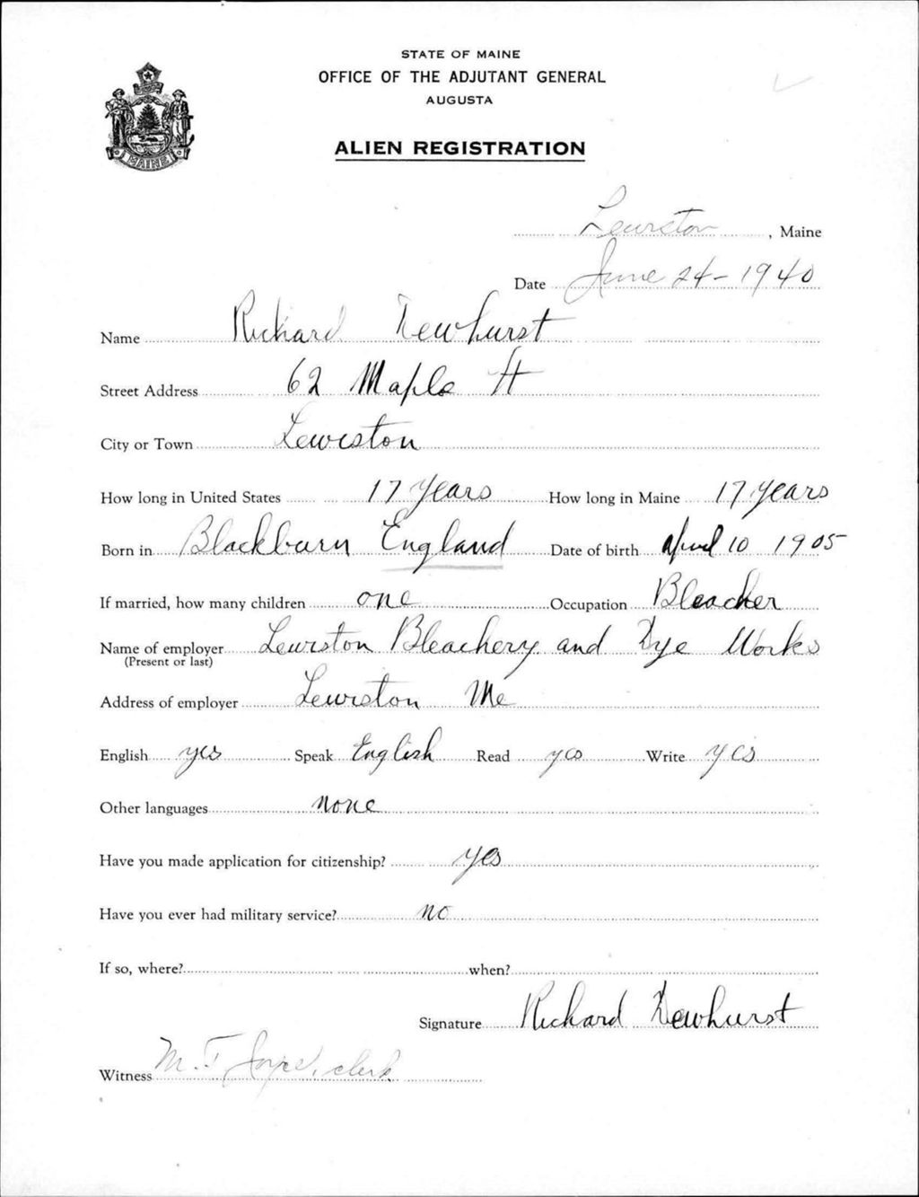 Miniature of Alien Registration- Newhurst, Richard (Lewiston, Androscoggin County)