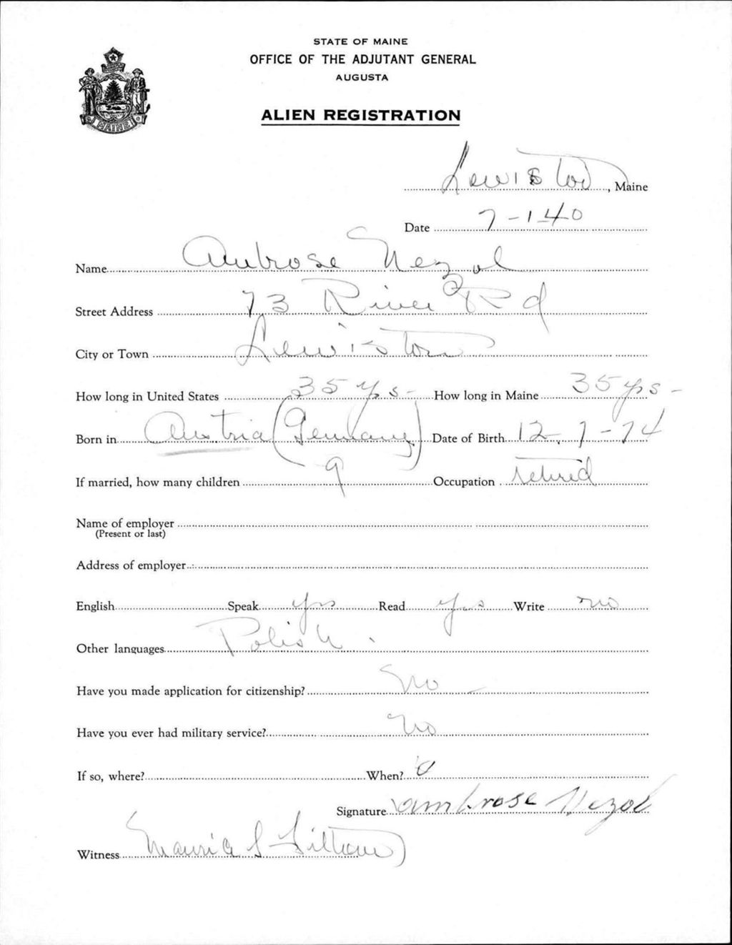 Miniature of Alien Registration- Nezol, Ambrose (Lewiston, Androscoggin County)