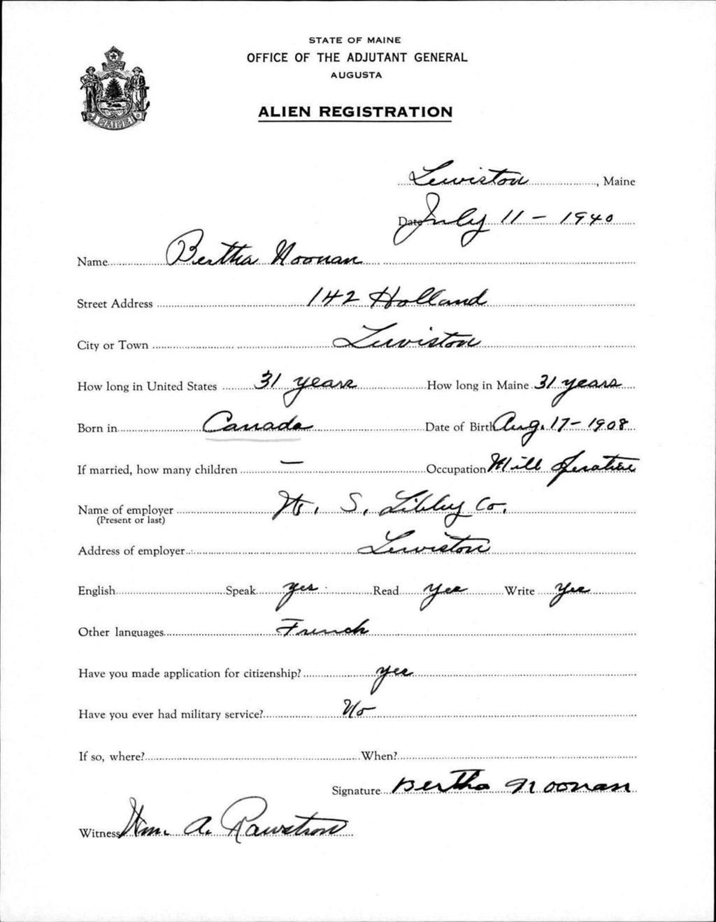 Miniature of Alien Registration- Noonan, Bertha (Lewiston, Androscoggin County)