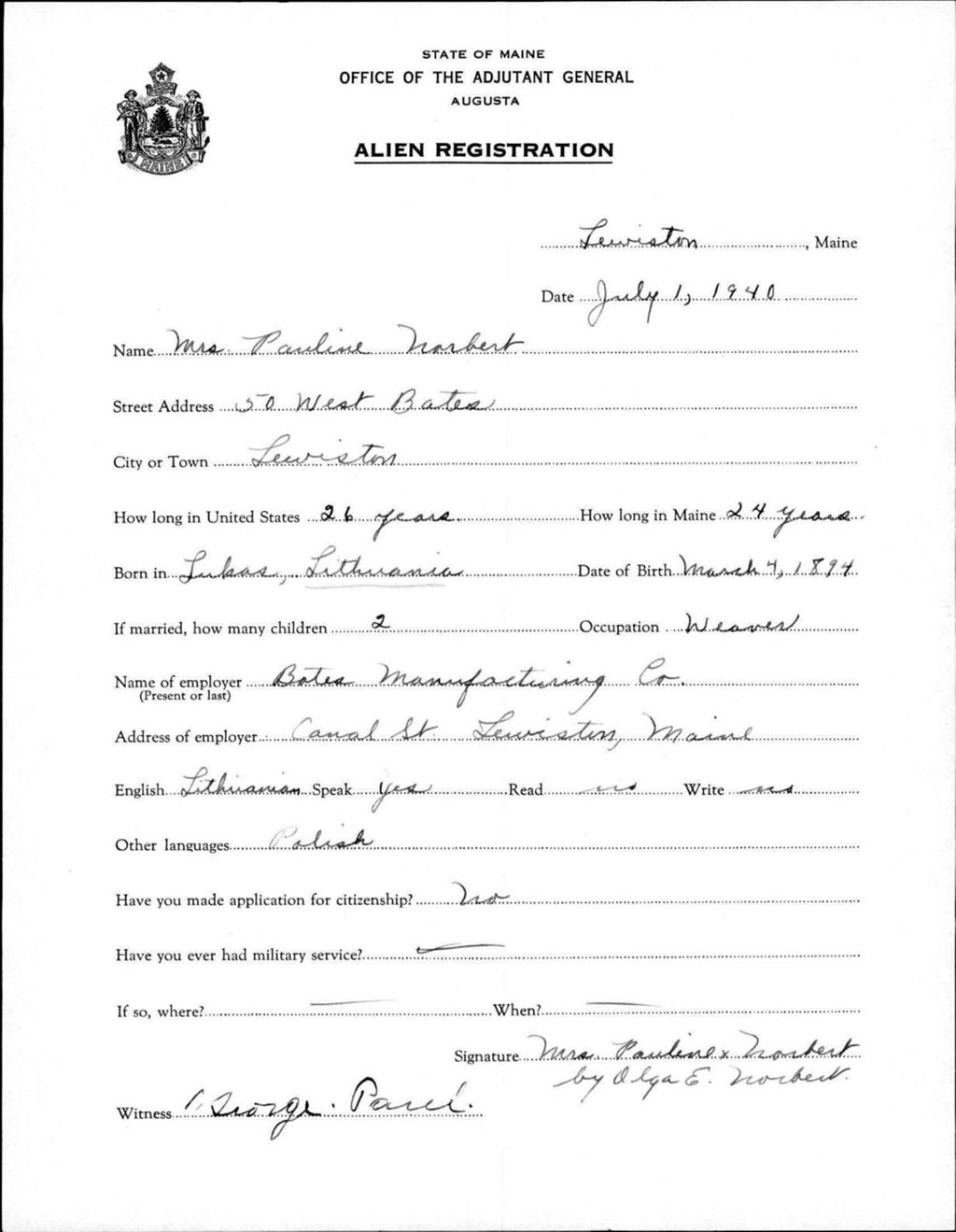 Miniature of Alien Registration- Norbert, Pauline (Lewiston, Androscoggin County)