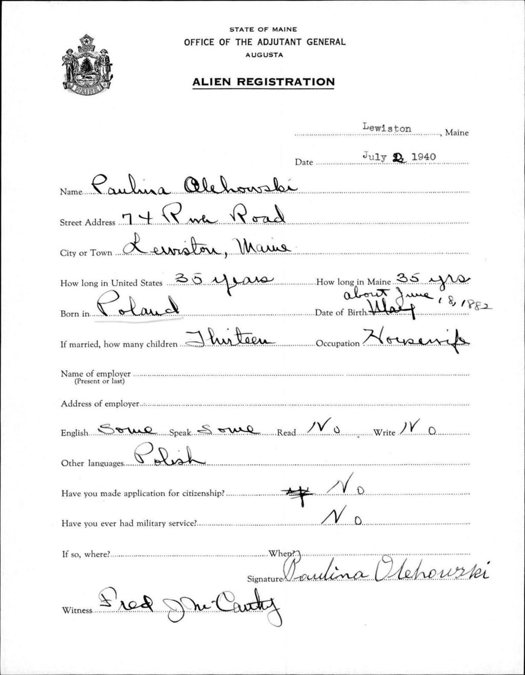 Miniature of Alien Registration- Olehouski, Paulina (Lewiston, Androscoggin County)