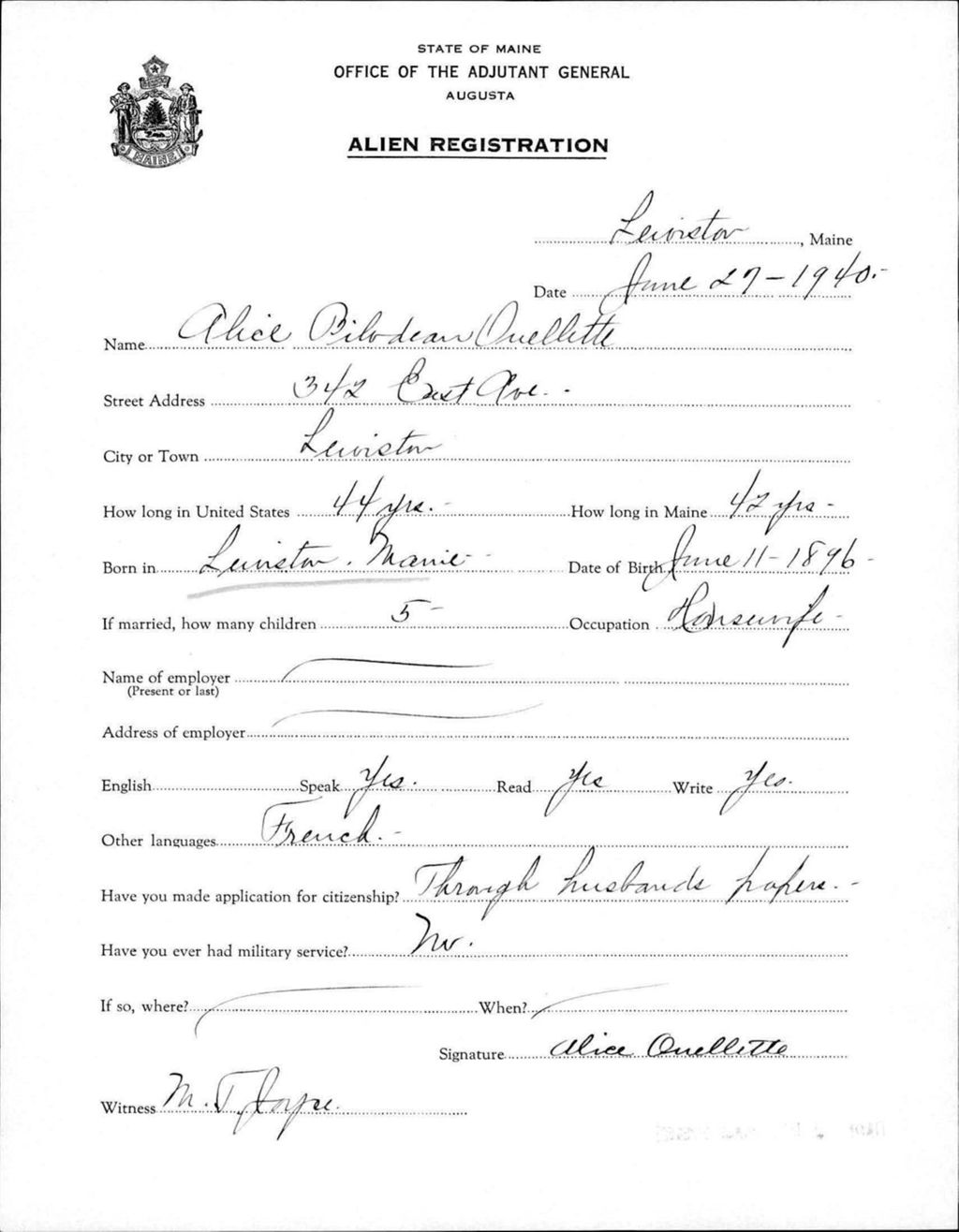 Miniature of Alien Registration- Bilodeau, Alice (Lewiston, Androscoggin County)